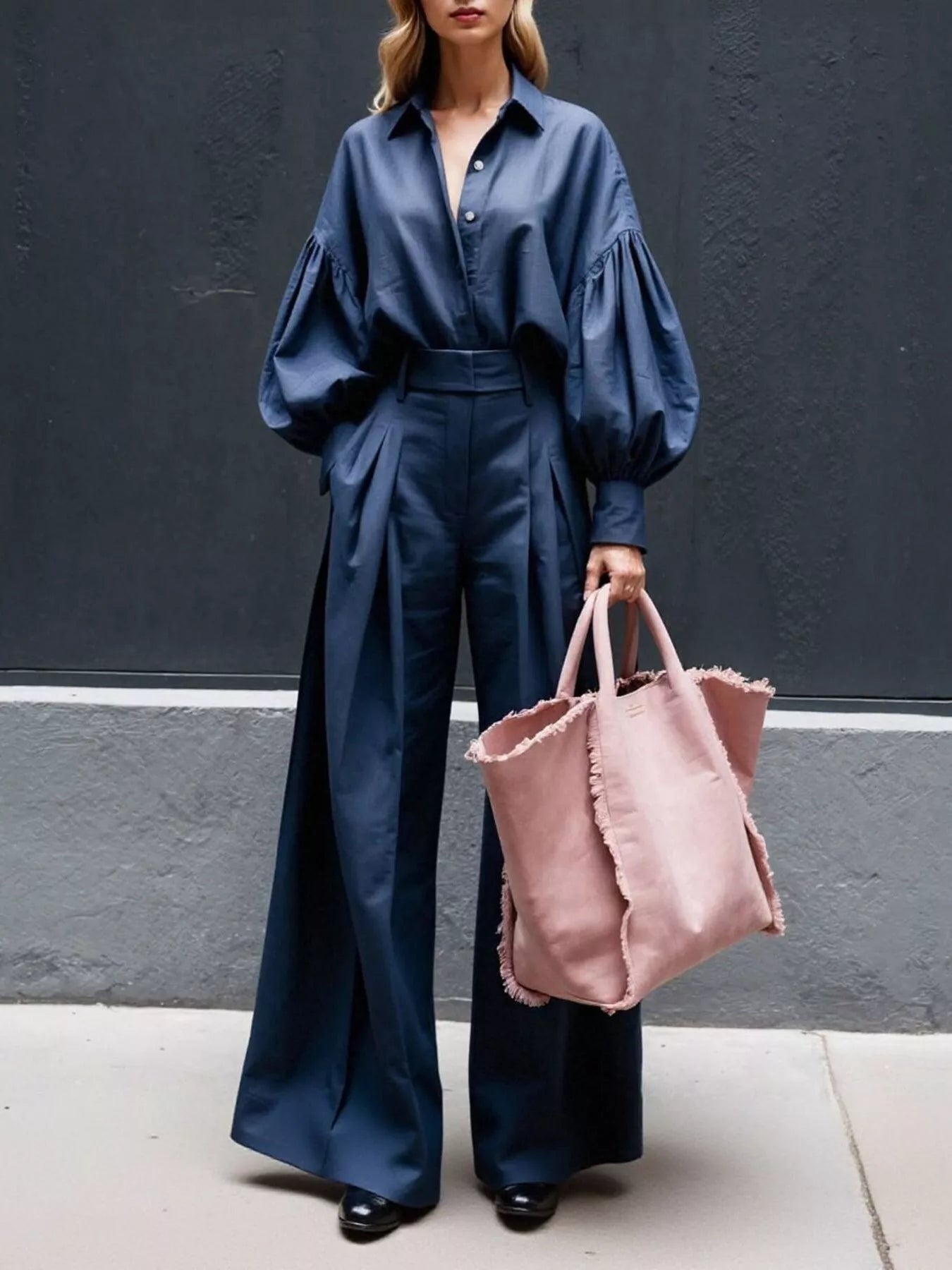 Elegant Lantern Sleeve Top & Wide-Leg Pant Co-Ord Set Blue