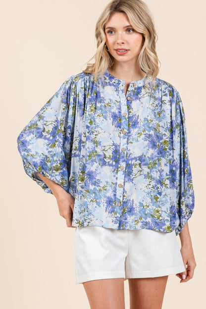 Mittoshop Floral Print Batwing Sleeve Button-Down Blouse