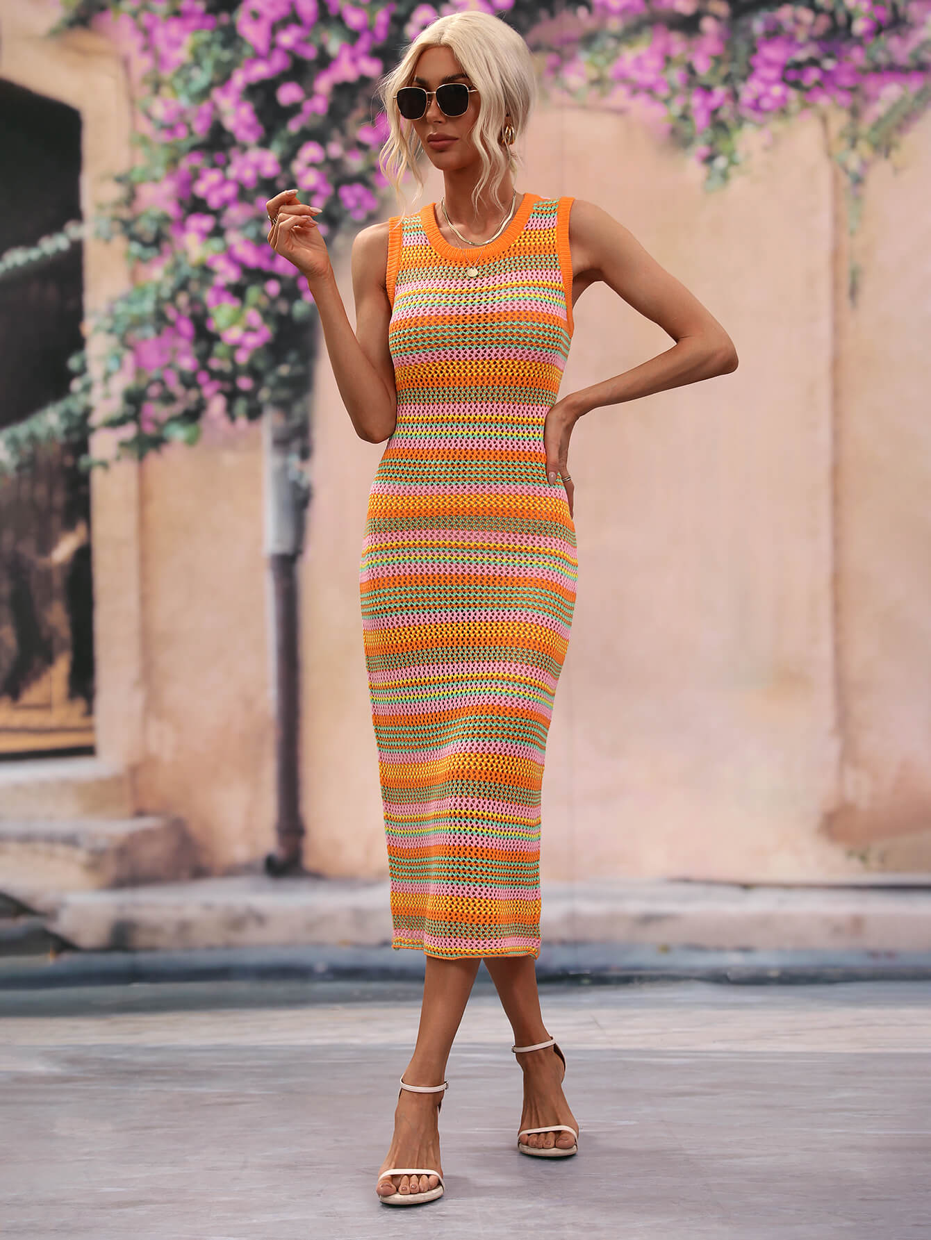CoastEase Striped Sleeveless Round Neck Cover-Up Midi Dress Orange