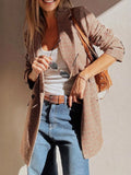 Chic Houndstooth Lapel Collar Blazer – Stylish Buttoned Women’s Outerwear Camel