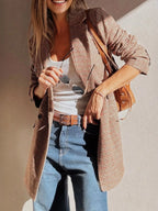 Chic Houndstooth Lapel Collar Blazer – Stylish Buttoned Women’s Outerwear Camel