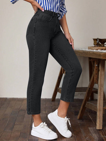 High-Waist Pocketed Denim Jeans for Women Black