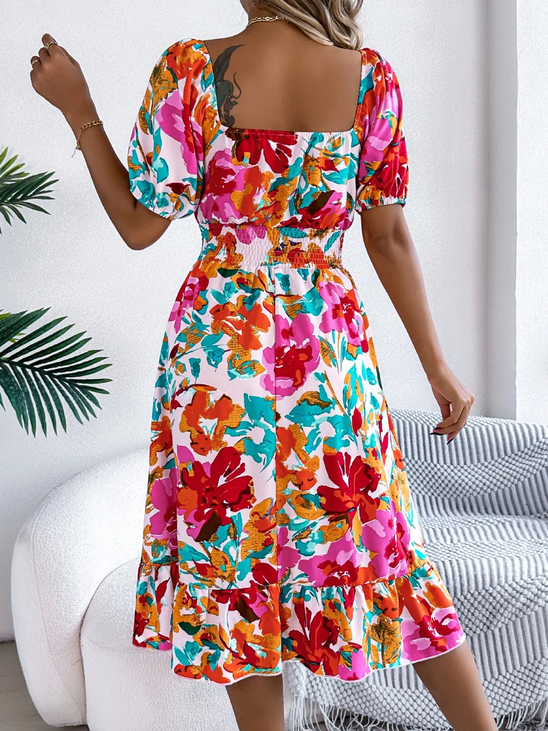 Smocked Ruffle Hem Floral Midi Dress