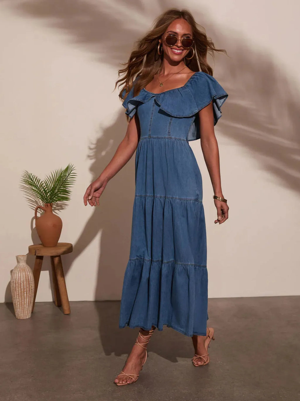 Off Shoulder Ruffle Tiered Denim Dress