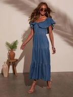 Off Shoulder Ruffle Tiered Denim Dress