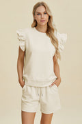 Textured Ruffle Sleeve Top & Shorts Set - Chic & Comfy Cream
