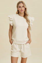 Textured Ruffle Sleeve Top & Shorts Set - Chic & Comfy Cream