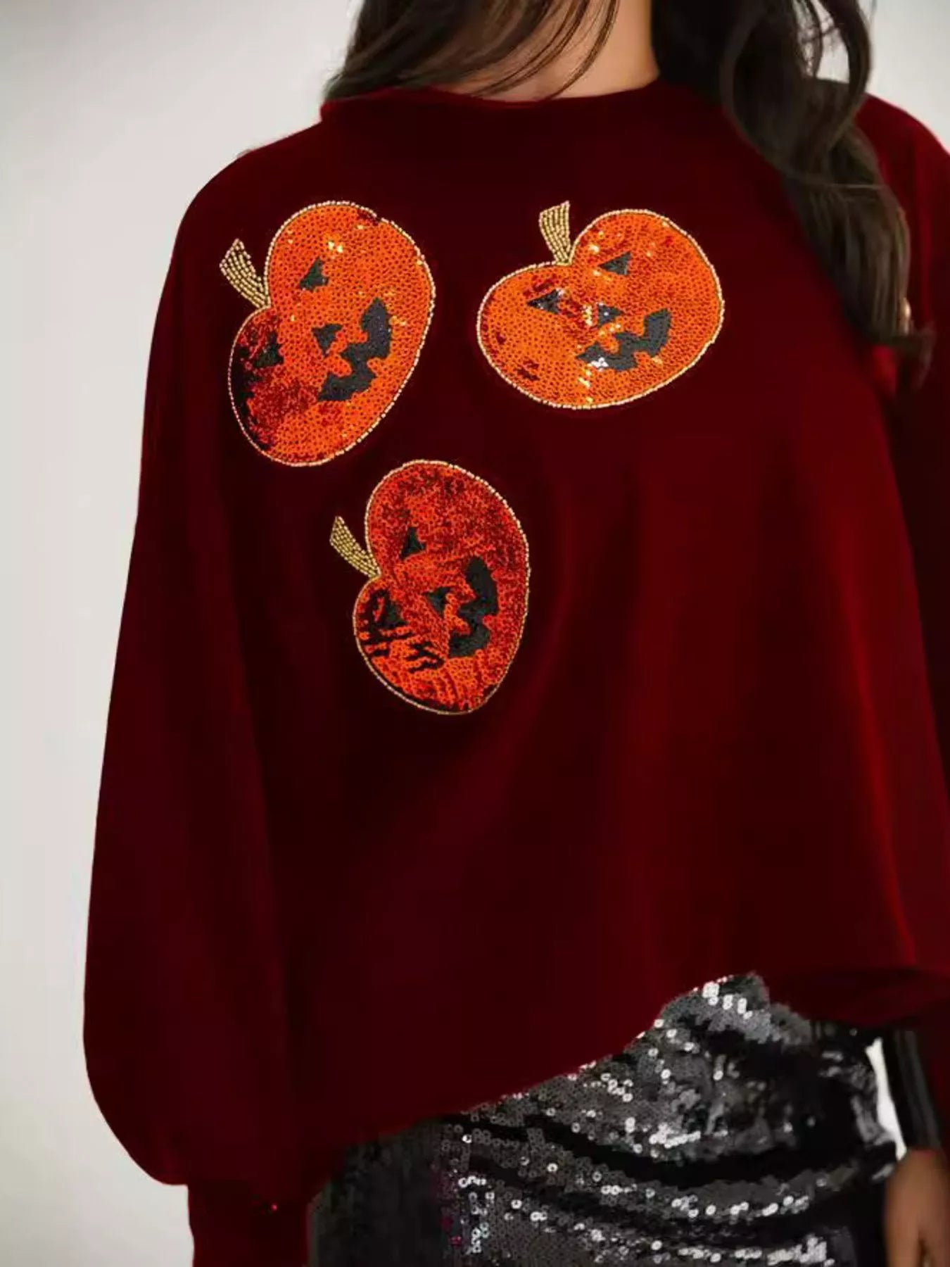 Sequin Halloween Pumpkin Round Neck Sweatshirt