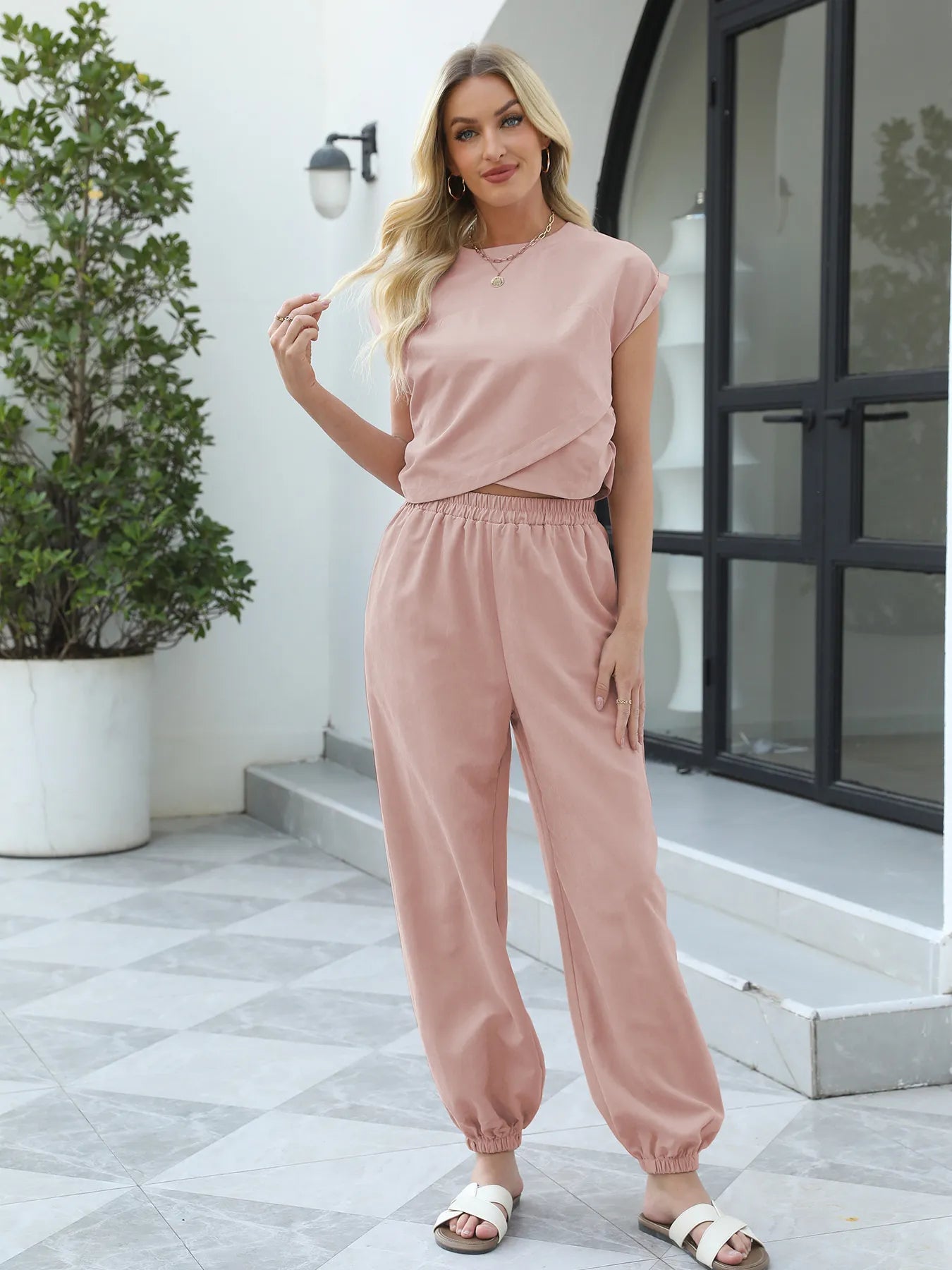 Relaxed Fit Two-Piece Lounge Set with Drawstring Pants Dusty Pink