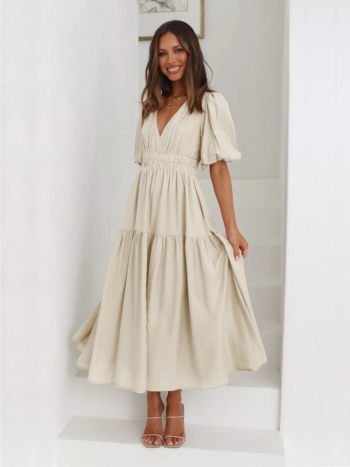 Tiered Surplice Midi Dress with Half Sleeves Beige