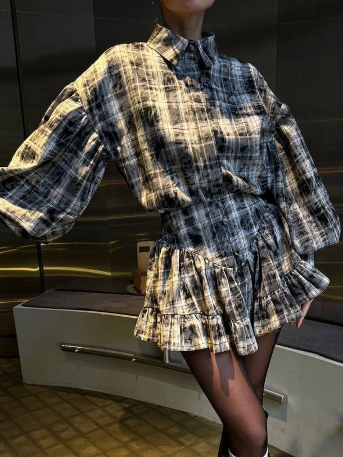 Lantern Sleeve Shirt & Ruffled Skirt Set - Chic & Feminine