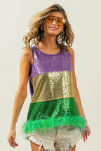 BiBi Mardi Gras Color Block Sequin Top with Faux Feather Hem