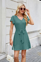 Tied Button-Up Short Sleeve Mini Shirt Dress