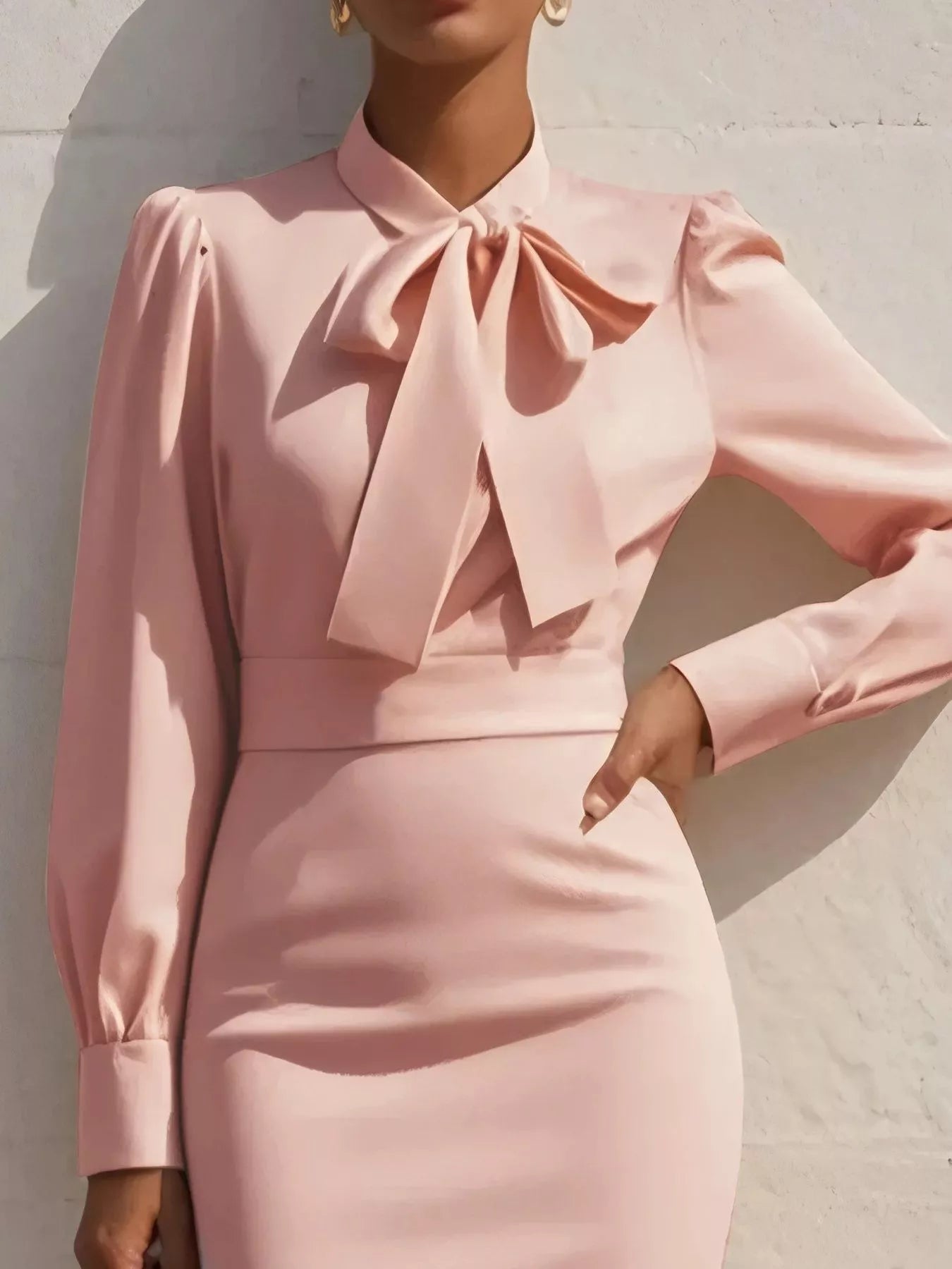 Elegant Bow Tie Neck Long Sleeve Bodycon Midi Dress