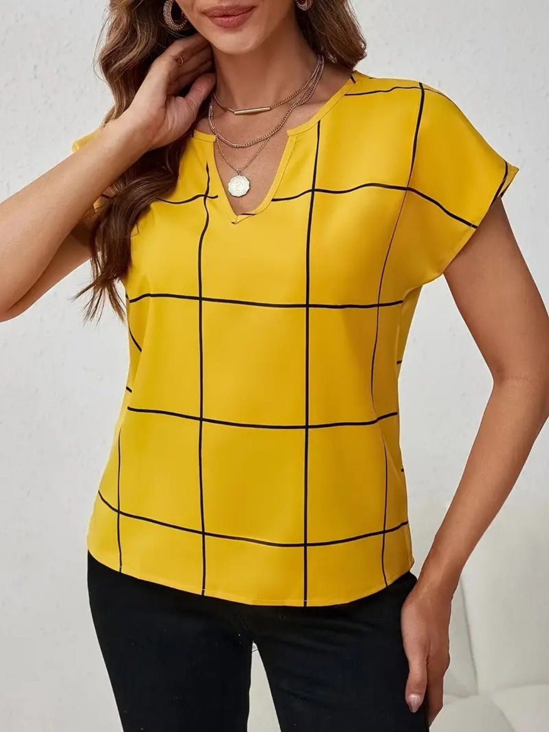 Plaid Contrast Notched Blouse - Stylish & Chic