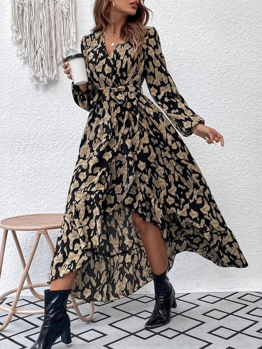 Leopard Print Surplice Balloon Sleeve Maxi Dress with Tie Waist Floral