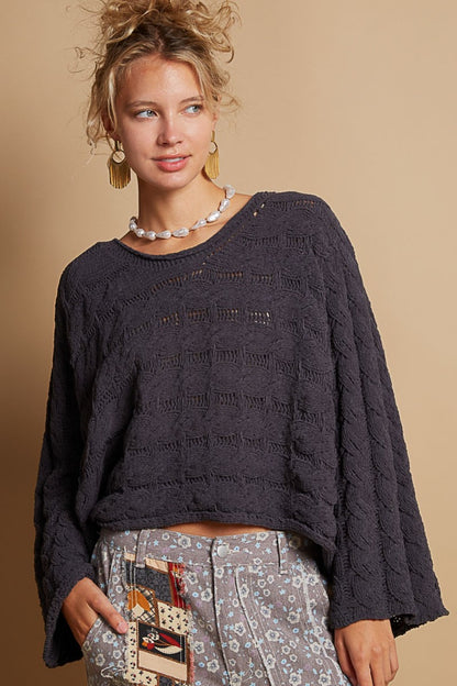 POL Round Neck Cable Knit Chenille Cropped Sweater Charcoal