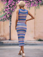 CoastEase Striped Sleeveless Round Neck Cover-Up Midi Dress