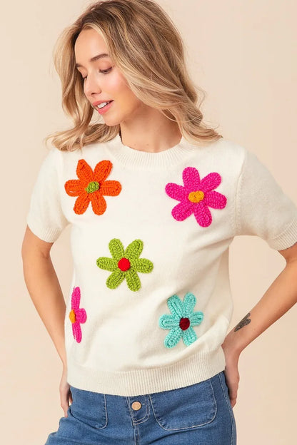 BiBi Crochet Daisy Patch Knit Sweater Top