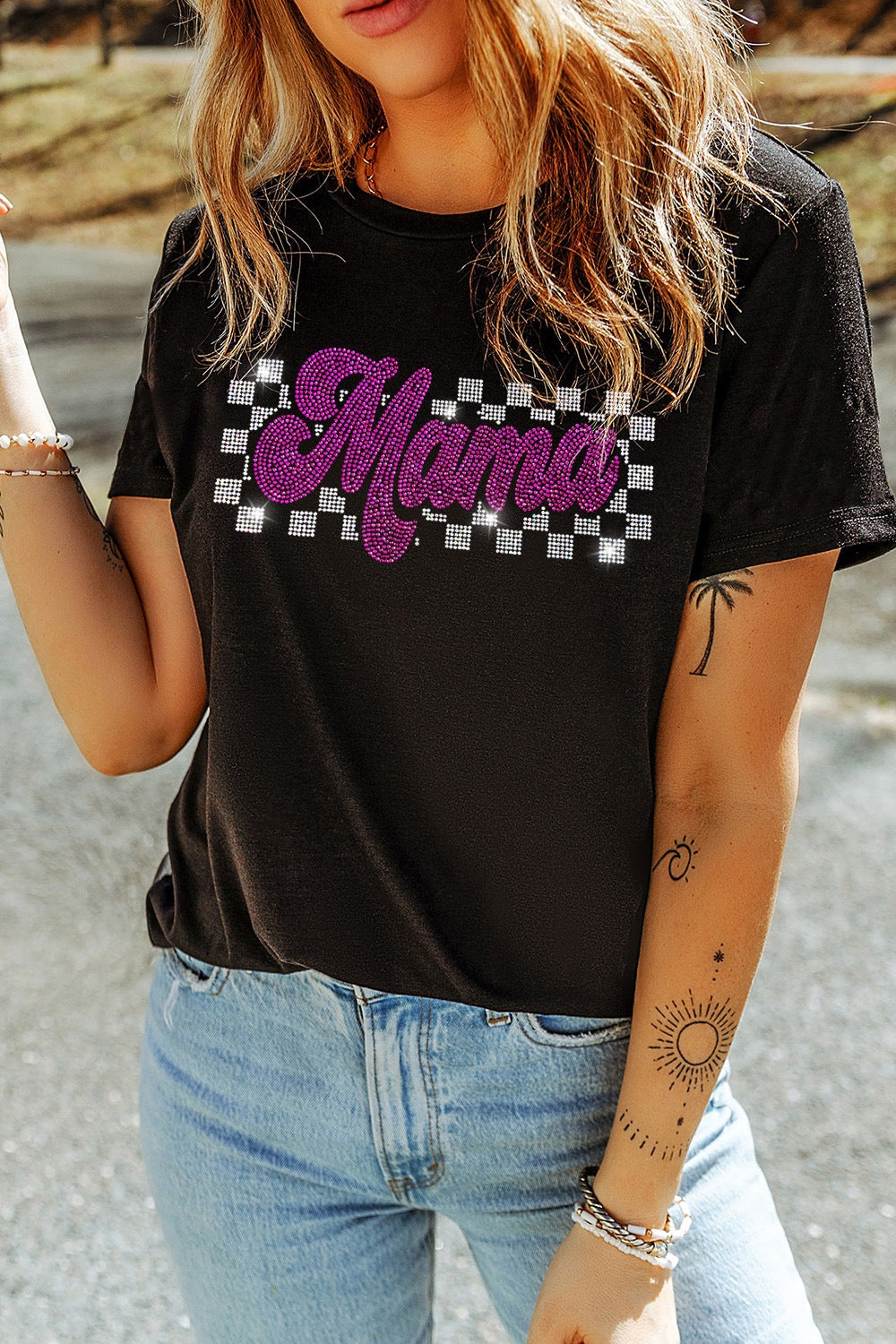 MAMA Rhinestone Letter Round Neck T-Shirt