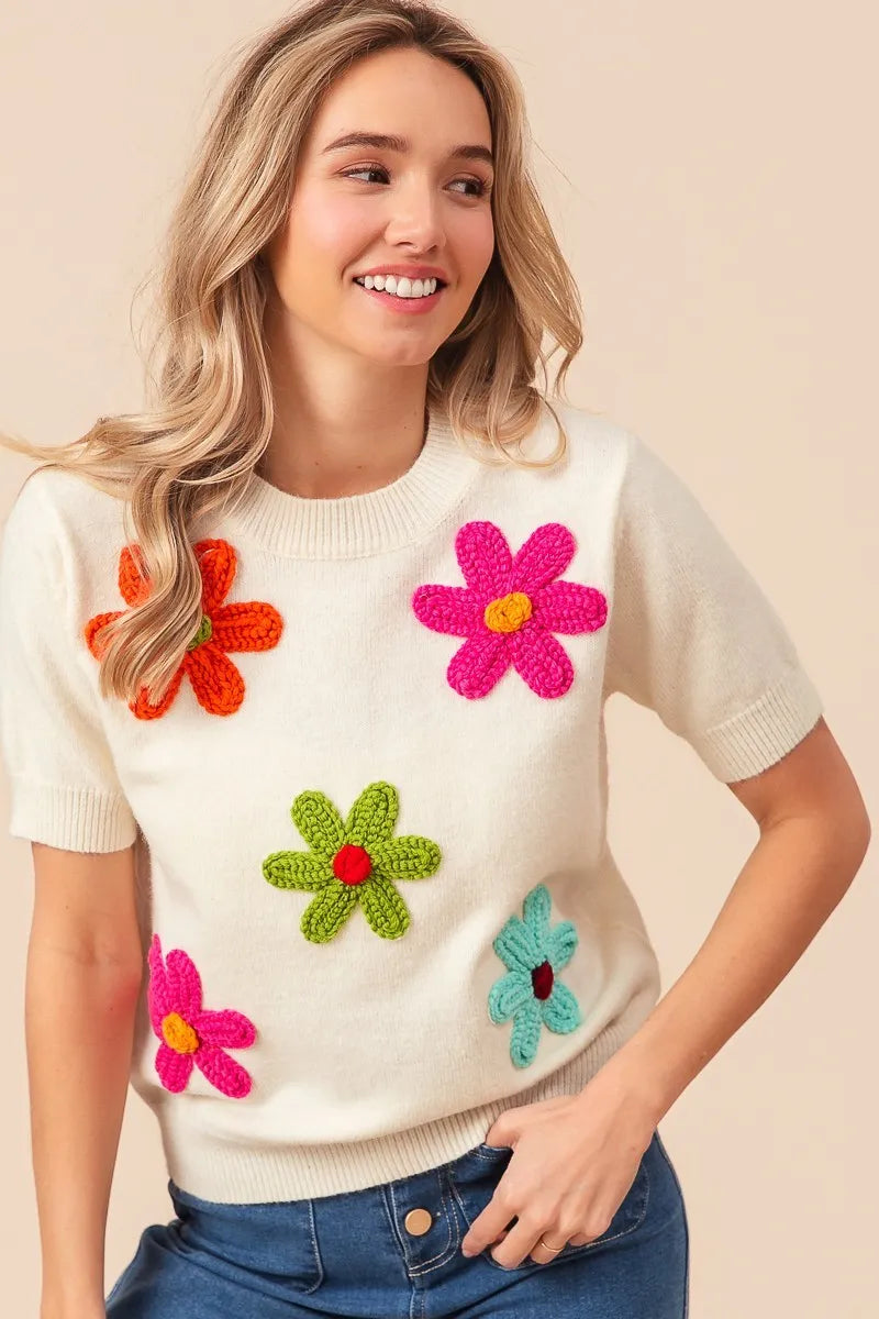 BiBi Crochet Daisy Patch Knit Sweater Top