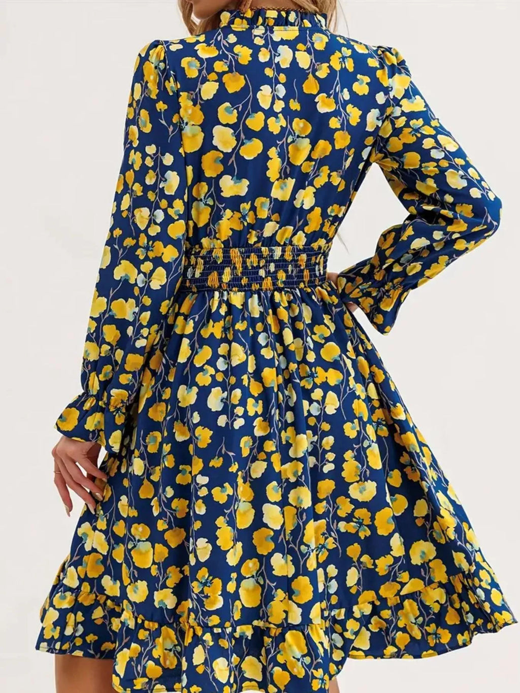 Floral Smocked Ruffled Flounce Sleeve Midi Dress