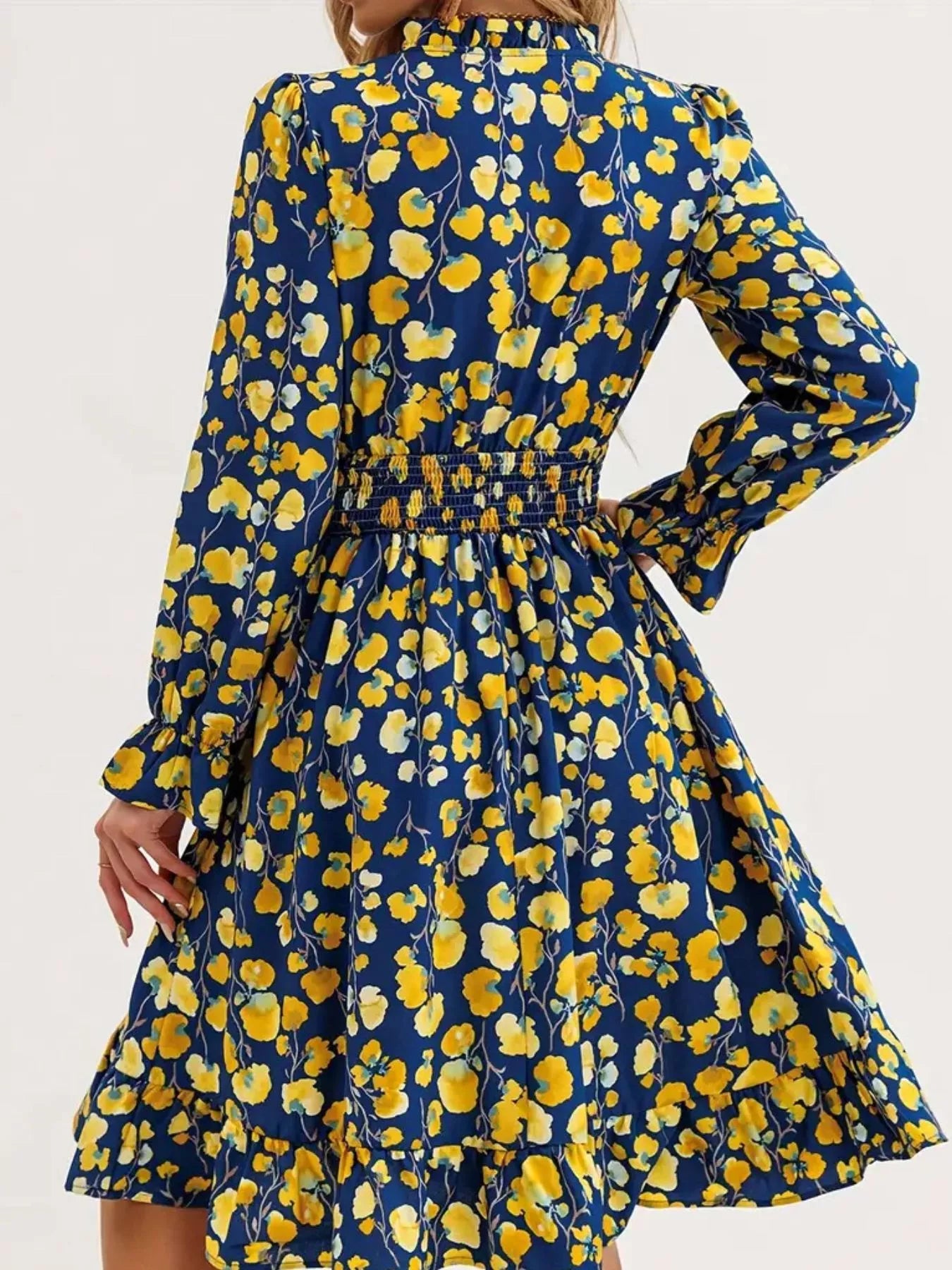 Floral Smocked Ruffled Flounce Sleeve Midi Dress