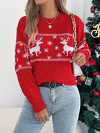 Festive Christmas Reindeer Cable-Knit Sweater Red