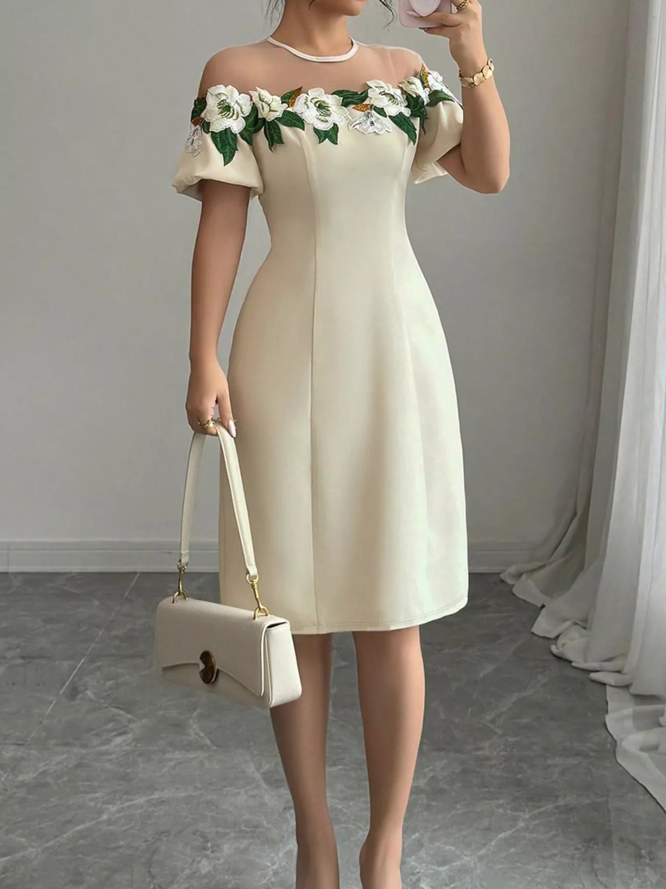 Floral Embroidered Puff Sleeve Dress with Mesh Shoulder Cream
