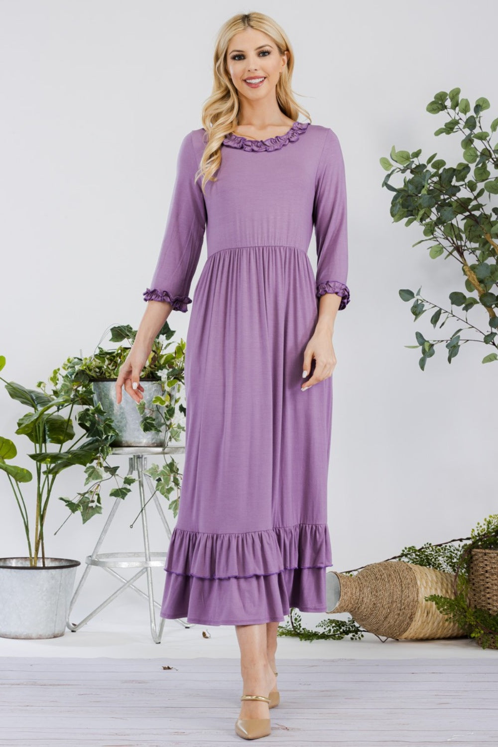 Elegant Layered Ruffle Hem Midi Dress with Pockets Lilac