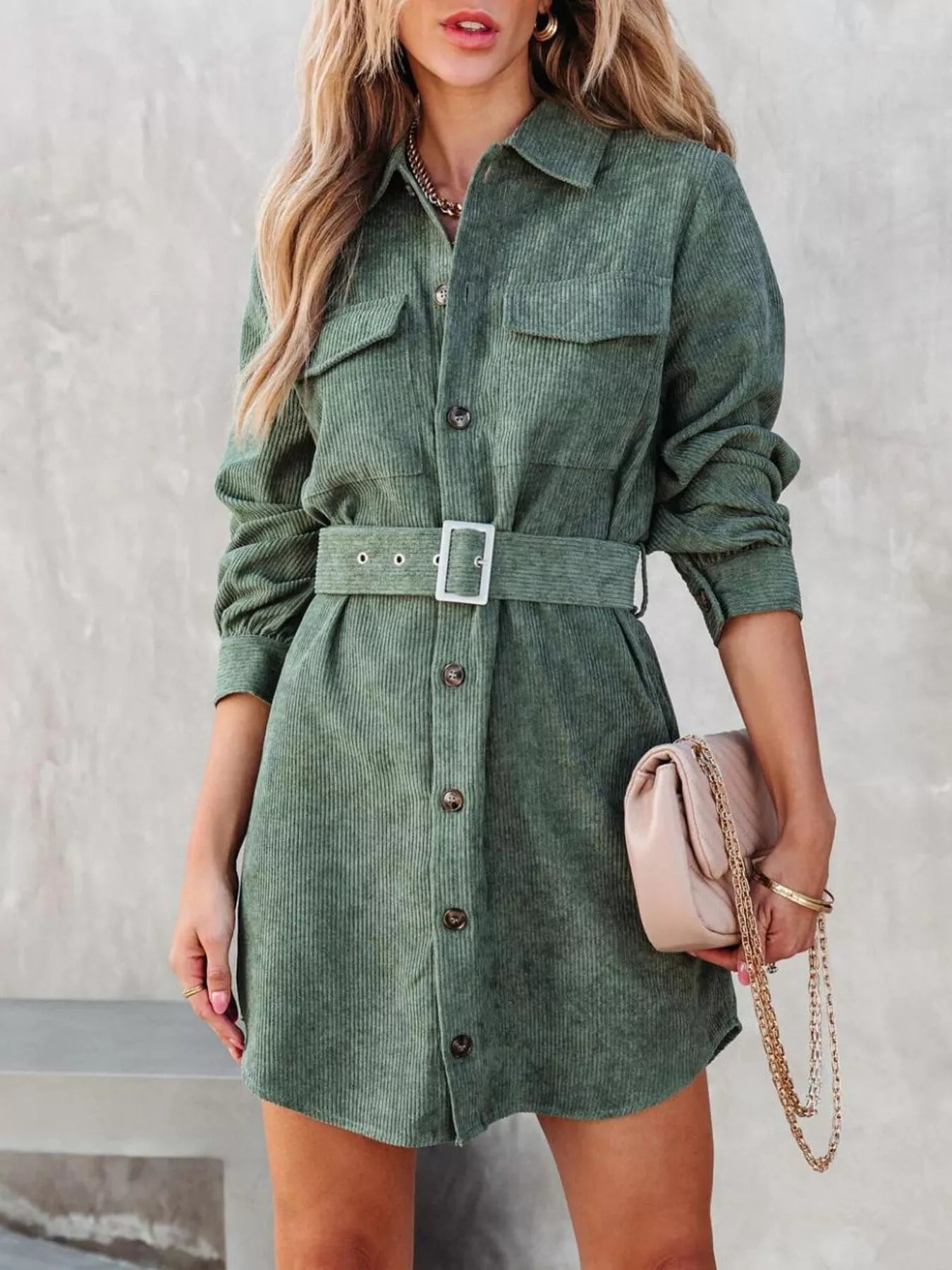 Button Front Belted Corduroy Dress with Pockets Green