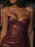 Slit Strapless Faux-Leather Bodycon Maxi Dress