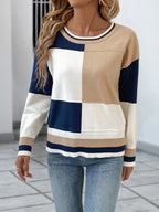 Color Block Crew Neck Sweater with Ribbed Trim