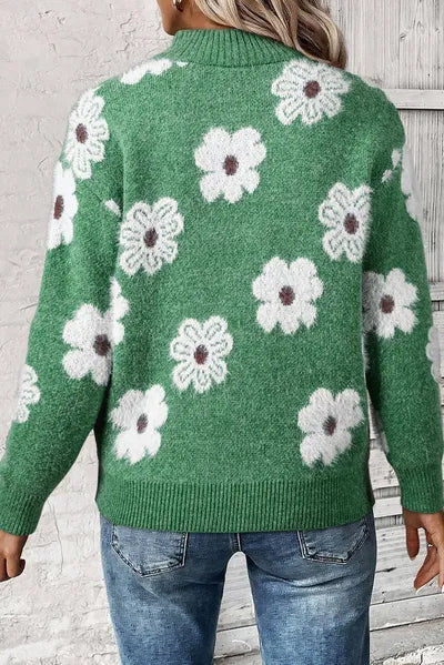 Floral Half-Zip Long Sleeve Knit Sweater