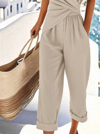 Full Size Surplice V-Neck Short Sleeve Top & Pants Set – Plus Size