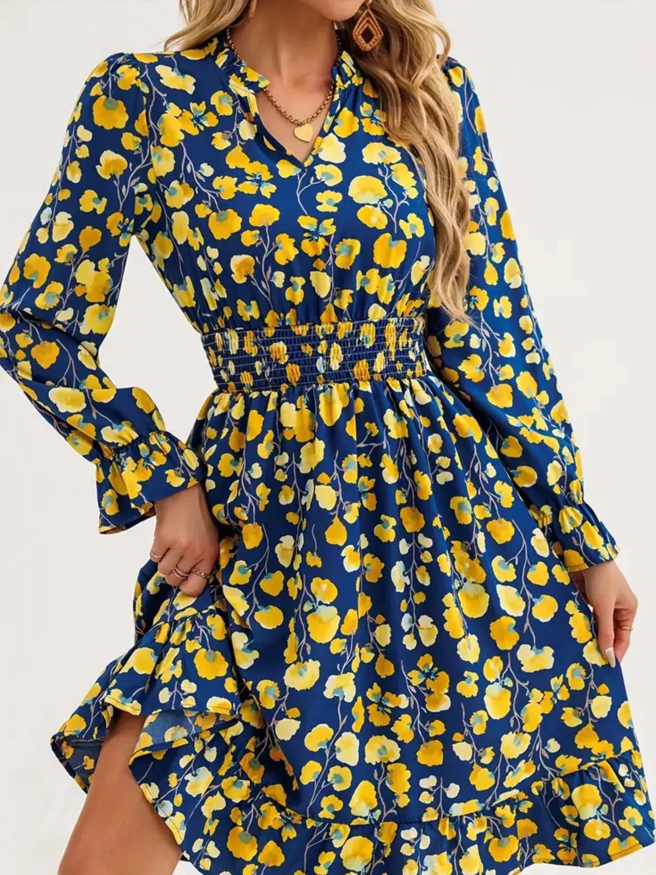 Floral Smocked Ruffled Flounce Sleeve Midi Dress Pastel Yellow