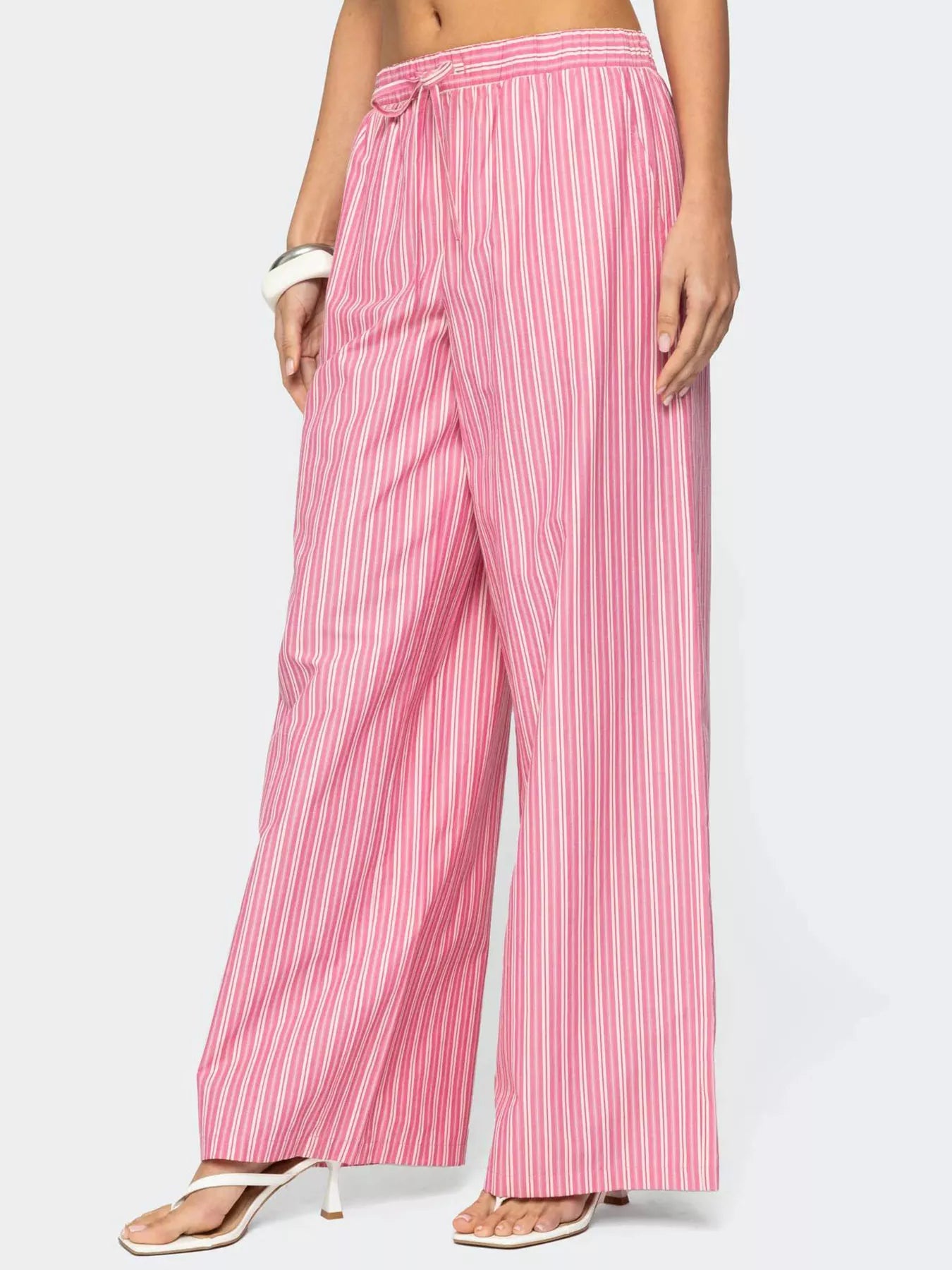 Striped Drawstring Wide-Leg Pants with Pockets