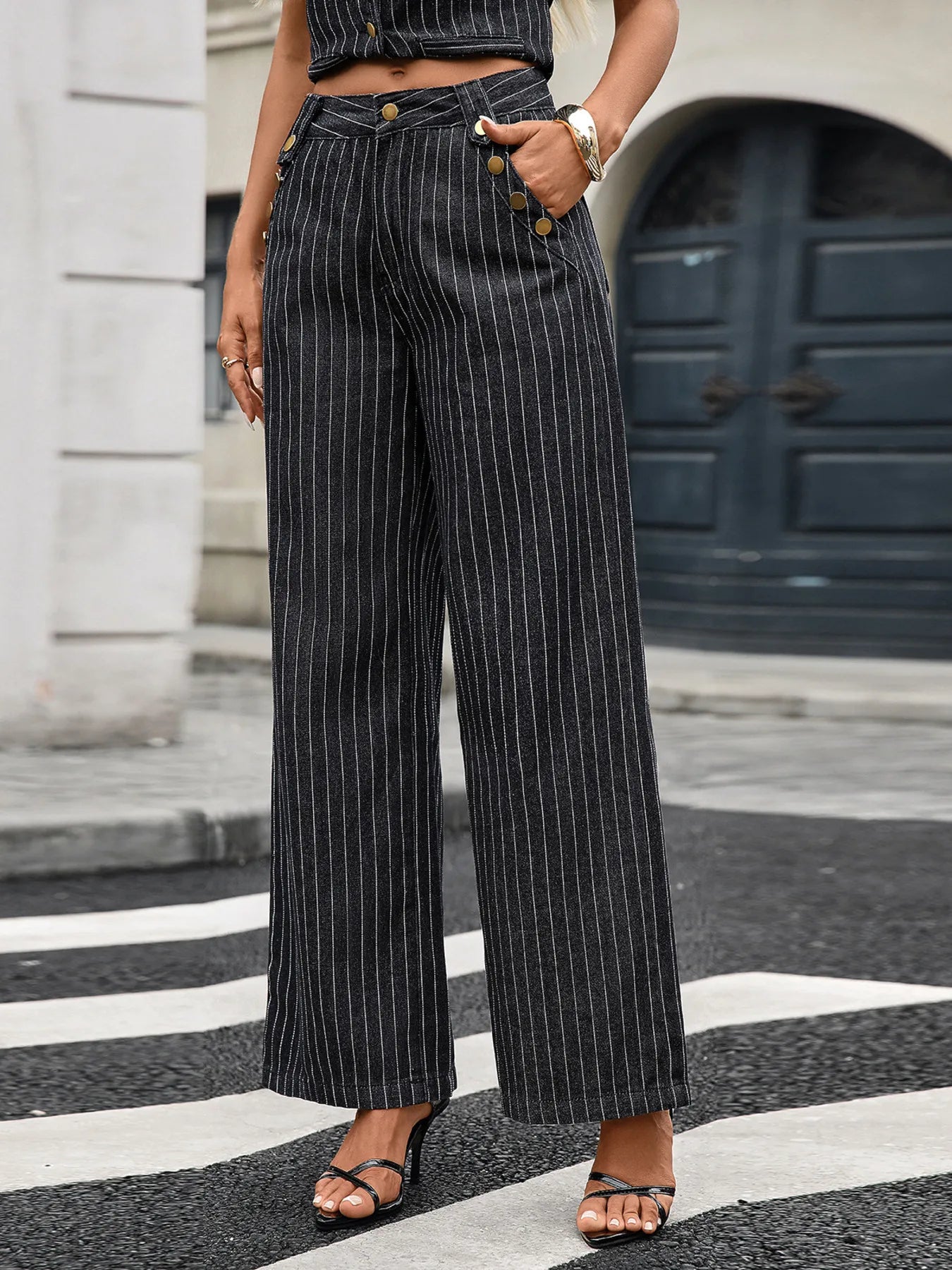 Striped Button-Down Tank & Wide-Leg Denim Pants Co-Ord Set