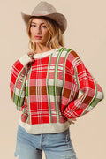 SO ME Festive Christmas Checkered Plaid Crew Neck Sweater Multicolor