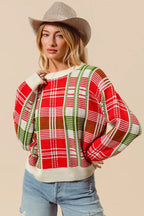 SO ME Festive Christmas Checkered Plaid Crew Neck Sweater Multicolor