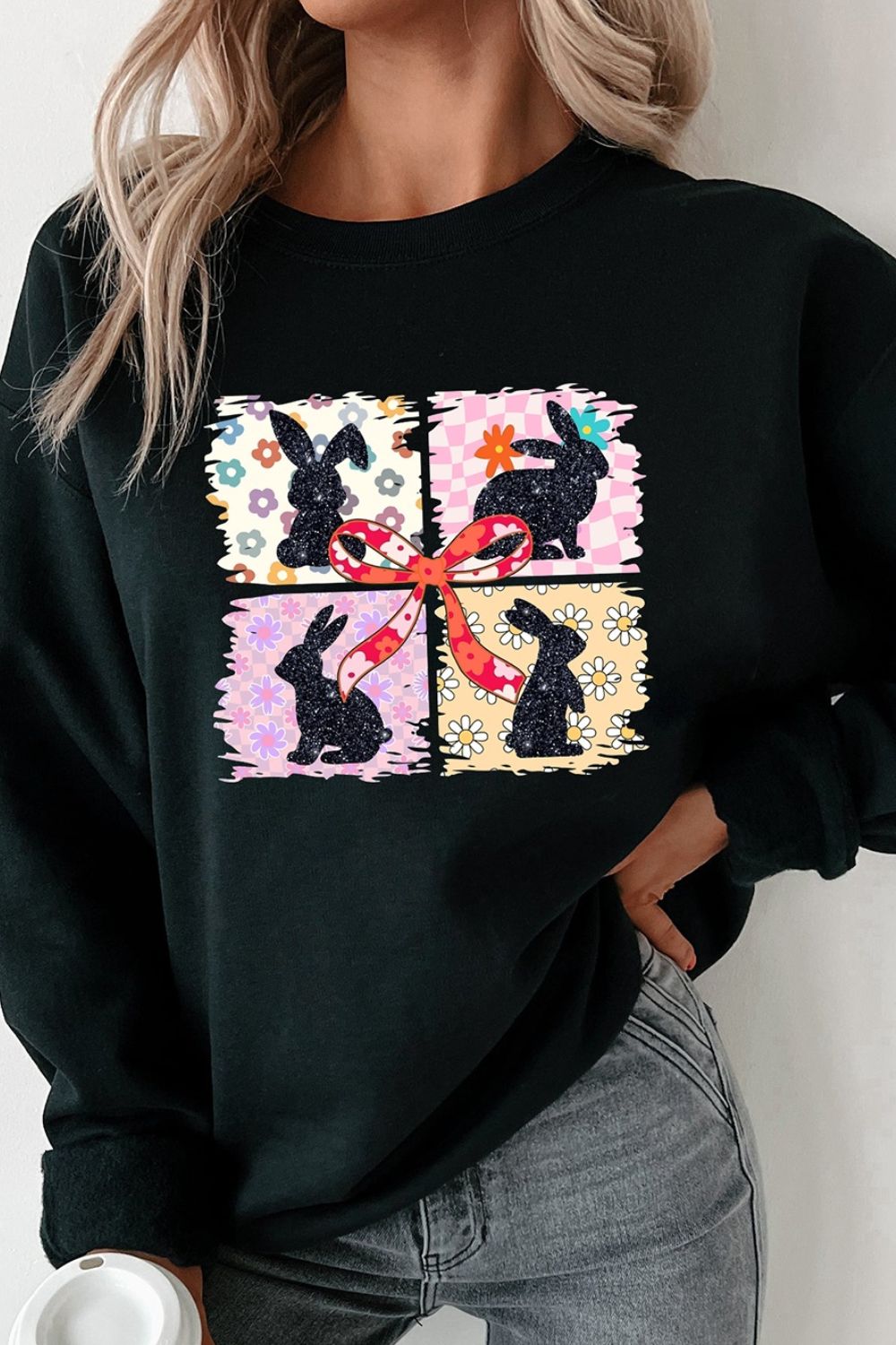 Floral Bunny Plaid Bow Easter Sweatshirt - Festive & Cozy