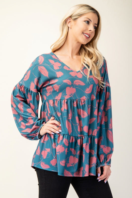 Celeste Full Size Tiered Floral V-Neck Long Sleeve Blouse Teal