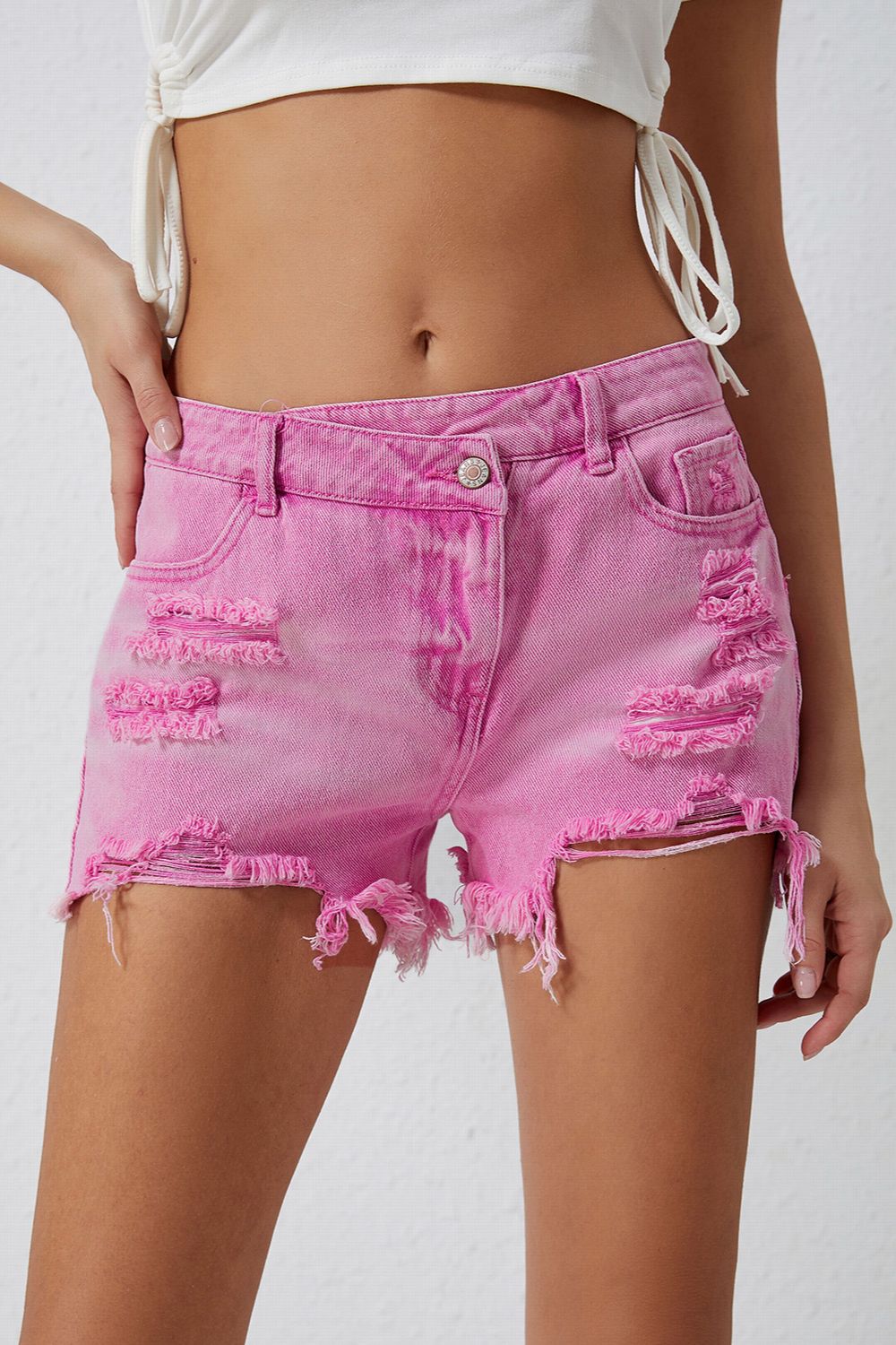 High-Rise Crossover Waist Denim Shorts - Distressed & Stylish