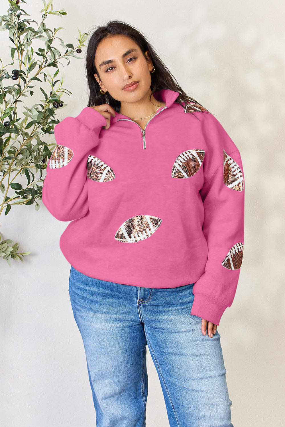 Full Size Sequin Football Half Zip Long Sleeve Sweatshirt