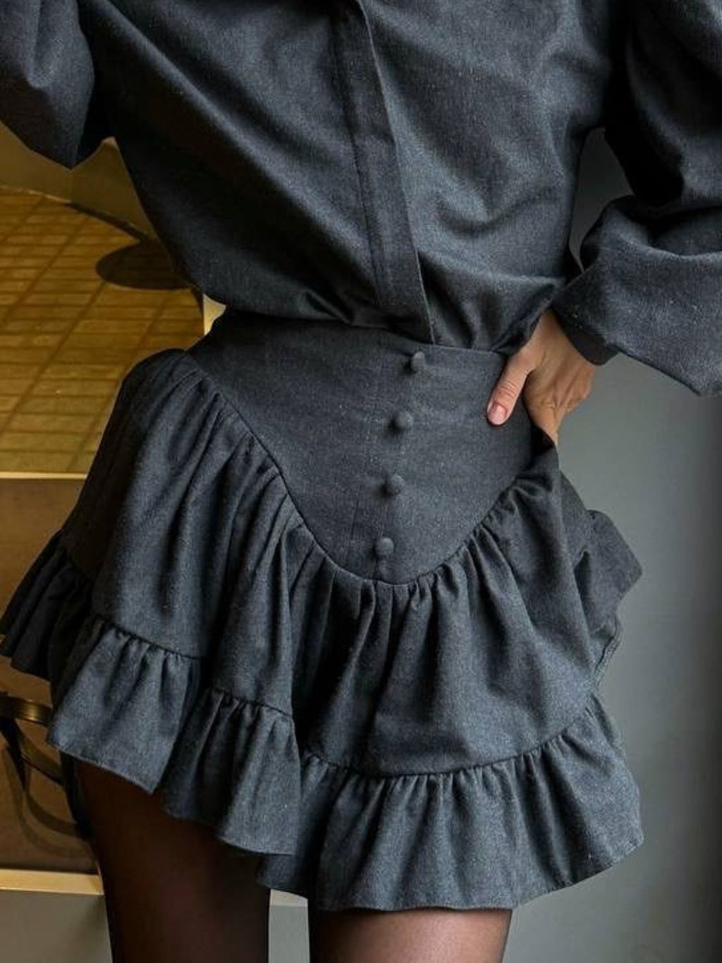 Lantern Sleeve Shirt & Ruffled Skirt Set - Chic & Feminine