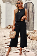 Round-Neck Tank Top & Wide-Leg Pants Co-Ord Set Black
