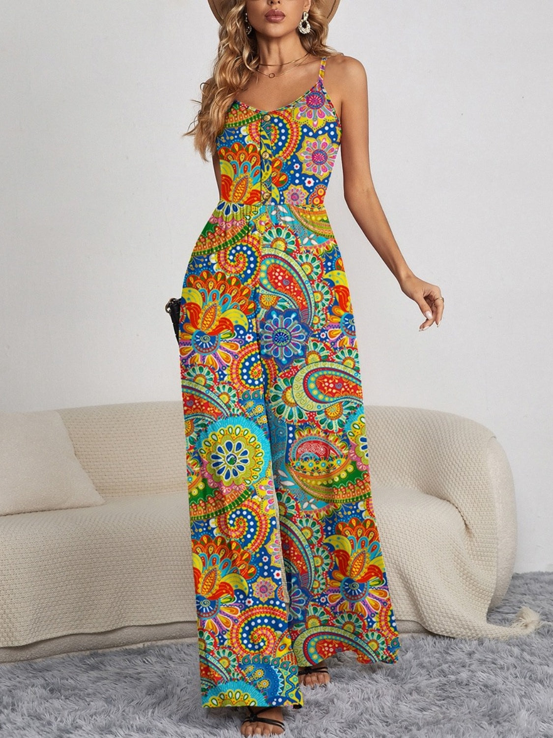 Decorative Button Spaghetti Strap Wide Leg Jumpsuit Multicolor