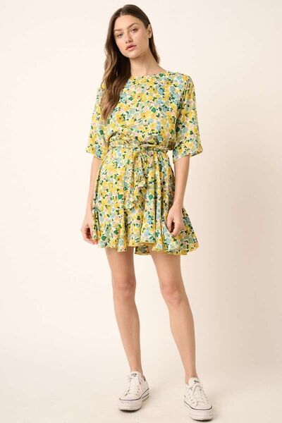 Mittoshop Floral Tie Waist Half Sleeve Mini Dress