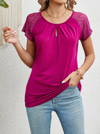 Elegant Round Neck Lace Top - Semi-Sheer Short Sleeve Blouse