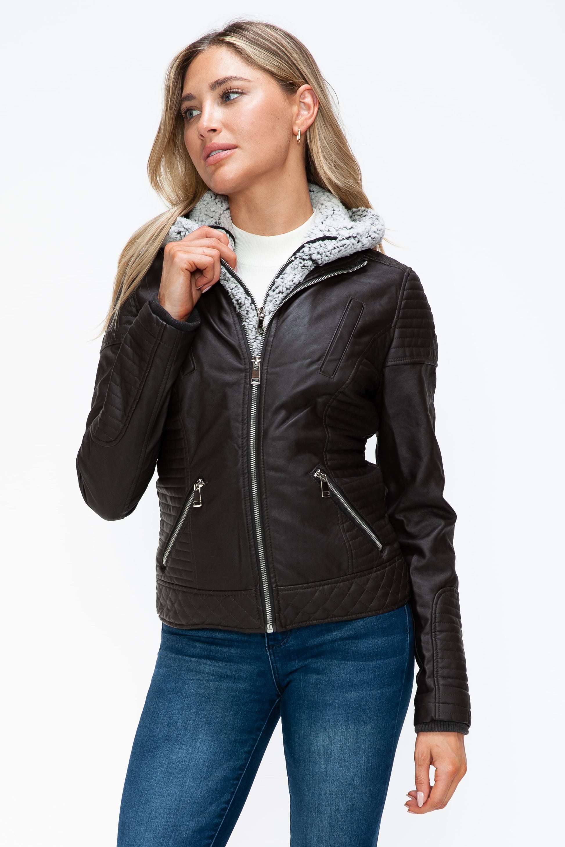 YMI Faux Layered Double-Zipper Jacket with Cozy Fuzzy Hood